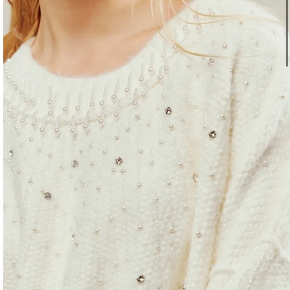 Free People Chart The Stars Sweater Fuzzy Knit Embellished Jeweled Details Ivory - Picture 3 of 6